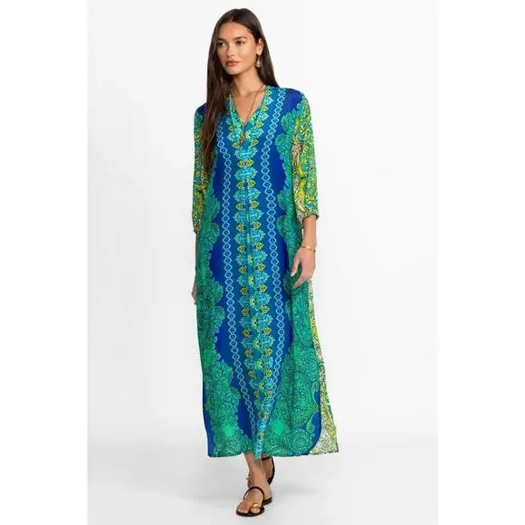 Johnny Was 100% Silk Kahinu Kaftan Boho Arstsy Maxi Dress Blue Green S NWT - Picture 4 of 10